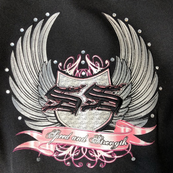 Speed and strength black/pink w/bling motorcycle jacket & matching chaps - Picture 14 of 16